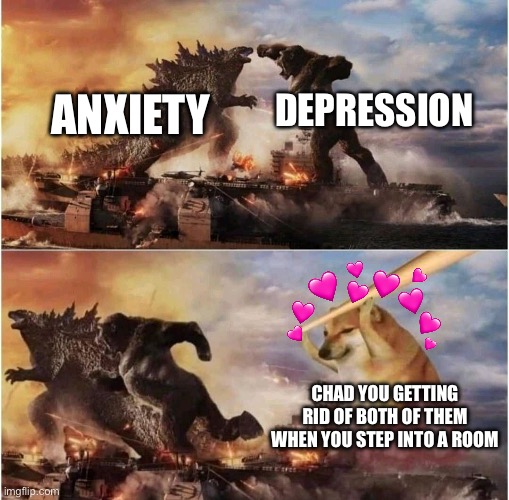 Chad | DEPRESSION; ANXIETY; CHAD YOU GETTING RID OF BOTH OF THEM WHEN YOU STEP INTO A ROOM | image tagged in kong godzilla doge,wholesome | made w/ Imgflip meme maker