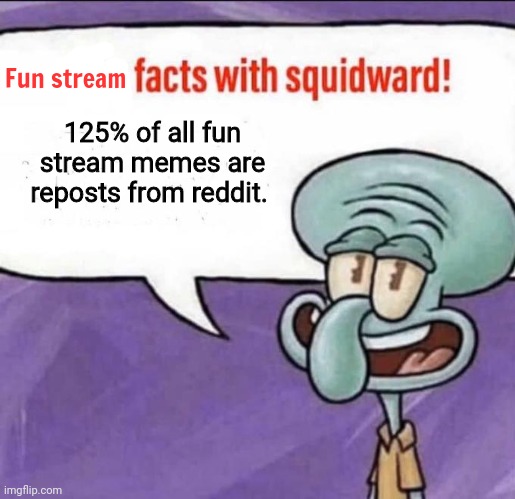 Fun stream fax | 125% of all fun stream memes are reposts from reddit. Fun stream | image tagged in fun facts with squidward,stop it get some help,squidward | made w/ Imgflip meme maker