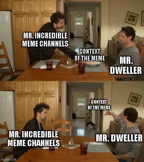 when is mr.dweller gonna die | MR. INCREDIBLE MEME CHANNELS; CONTEXT OF THE MEME; MR. DWELLER; CONTEXT OF THE MEME; MR. INCREDIBLE MEME CHANNELS; MR. DWELLER | image tagged in plate toss | made w/ Imgflip meme maker