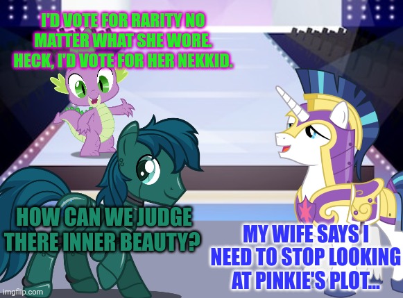 I'D VOTE FOR RARITY NO MATTER WHAT SHE WORE. HECK, I'D VOTE FOR HER NEKKID. HOW CAN WE JUDGE THERE INNER BEAUTY? MY WIFE SAYS I NEED TO STOP | made w/ Imgflip meme maker