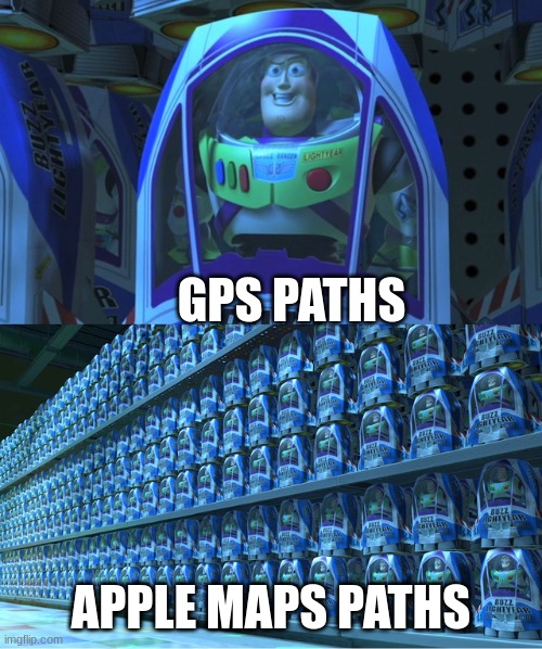 apple maps: go 500 miles onto the pacific ocean then turn left onto ohio avenue | GPS PATHS; APPLE MAPS PATHS | image tagged in buzz lightyear clones | made w/ Imgflip meme maker