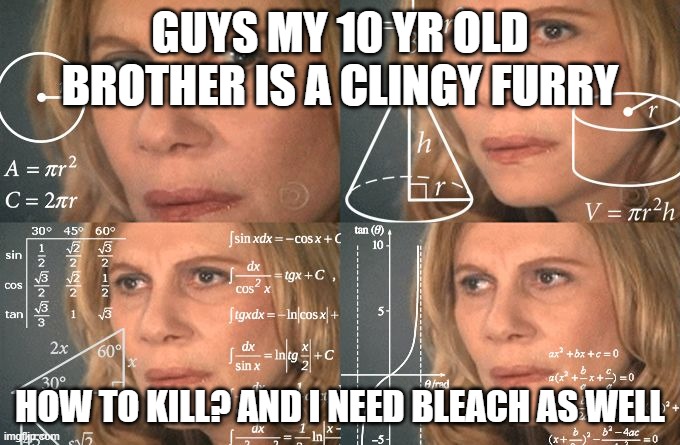 How do we kill my furry brother | GUYS MY 10 YR OLD BROTHER IS A CLINGY FURRY; HOW TO KILL? AND I NEED BLEACH AS WELL | image tagged in calculating meme | made w/ Imgflip meme maker