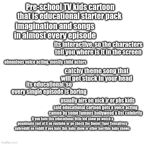 Preschool shows stater pack | Pre-school TV kids cartoon that is educational starter pack; imagination and songs in almost every episode; its interactive, so the characters tell you where is it in the screen; obnoxious voice acting, mostly child actors; catchy theme song that will get stuck in your head; its educational, so every single episode is boring; usually airs on nick jr or pbs kids; said educational cartoon gets a voice acting cameo by some famous hollywood a list celebrity; if you hate this educational little kid show go watch a goanimate rant of it on youtube or go check the Daniel Tiger Conspiracy subreddit on reddit if you hate this baby show or other horrible baby shows | image tagged in memes,blank transparent square,kids shows,nick jr,pbs kids,funny memes | made w/ Imgflip meme maker