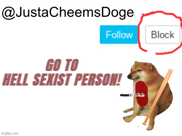 JustaCheemsDoge Annoucement Template | GO TO HELL SEXIST PERSON! | image tagged in justacheemsdoge annoucement template | made w/ Imgflip meme maker