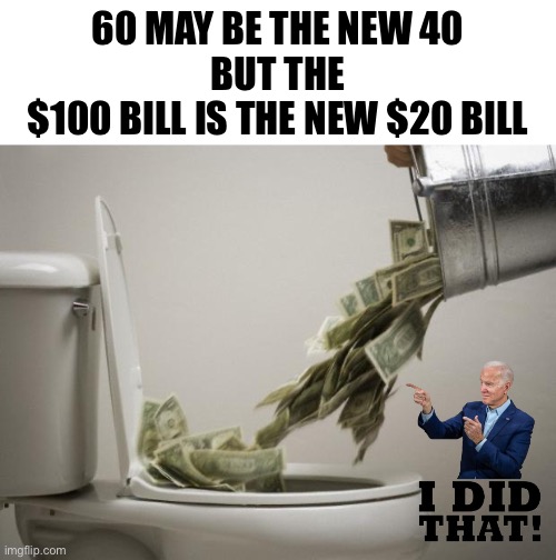 What’s left in your wallet? | 60 MAY BE THE NEW 40
BUT THE
$100 BILL IS THE NEW $20 BILL | image tagged in money down toilet,inflation | made w/ Imgflip meme maker