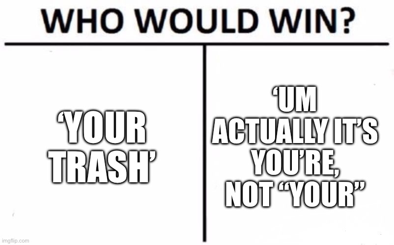 Low quality meme | ‘YOUR TRASH’; ‘UM ACTUALLY IT’S YOU’RE, NOT “YOUR” | image tagged in memes,who would win,relatable | made w/ Imgflip meme maker