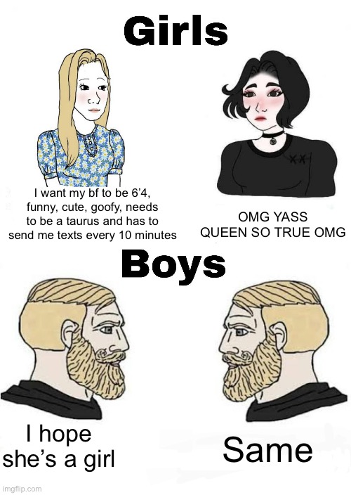 You never really know… | OMG YASS QUEEN SO TRUE OMG; I want my bf to be 6’4, funny, cute, goofy, needs to be a taurus and has to send me texts every 10 minutes; Same; I hope she’s a girl | image tagged in girls vs boys | made w/ Imgflip meme maker