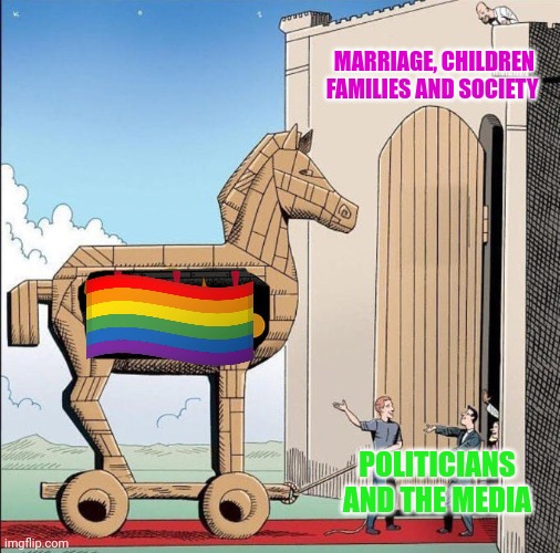 Society cannot endure under this attack.  We must speak the truth when others deny it | MARRIAGE, CHILDREN FAMILIES AND SOCIETY; POLITICIANS AND THE MEDIA | image tagged in trojan horse | made w/ Imgflip meme maker