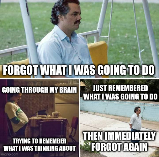 Sad Pablo Escobar | FORGOT WHAT I WAS GOING TO DO; GOING THROUGH MY BRAIN; JUST REMEMBERED WHAT I WAS GOING TO DO; TRYING TO REMEMBER WHAT I WAS THINKING ABOUT; THEN IMMEDIATELY FORGOT AGAIN | image tagged in memes,sad pablo escobar | made w/ Imgflip meme maker