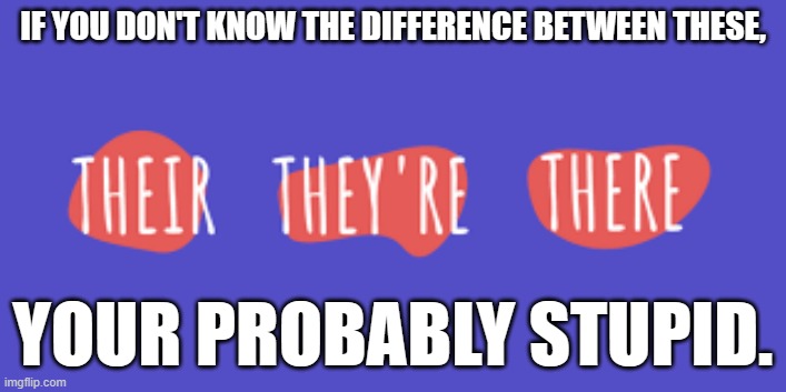 meme by Brad there their they're | IF YOU DON'T KNOW THE DIFFERENCE BETWEEN THESE, YOUR PROBABLY STUPID. | image tagged in language | made w/ Imgflip meme maker