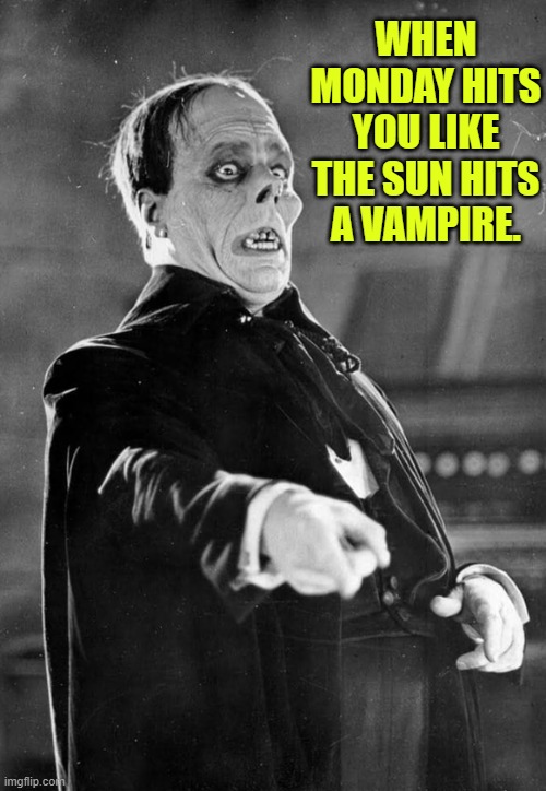 WHEN MONDAY HITS YOU LIKE THE SUN HITS A VAMPIRE. | made w/ Imgflip meme maker