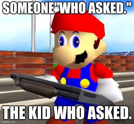 SMG4 Shotgun Mario | SOMEONE"WHO ASKED."; THE KID WHO ASKED. | image tagged in smg4 shotgun mario,i m about to end this man s whole career | made w/ Imgflip meme maker