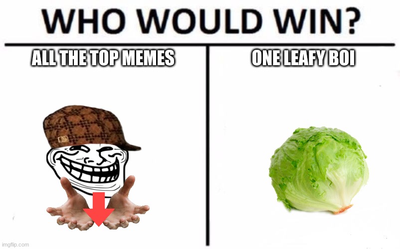 Lettuce VII: Back For Glory? | ALL THE TOP MEMES; ONE LEAFY BOI | image tagged in memes,who would win | made w/ Imgflip meme maker