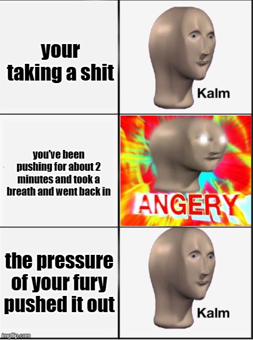 this happened to me once or twice | your taking a shit; you've been pushing for about 2 minutes and took a breath and went back in; the pressure of your fury pushed it out | image tagged in reverse kalm panik,idk | made w/ Imgflip meme maker