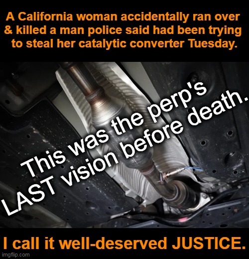 Justified Homicide or Just Bad Luck? | A California woman accidentally ran over 
& killed a man police said had been trying 
to steal her catalytic converter Tuesday. This was the perp's LAST vision before death. I call it well-deserved JUSTICE. | image tagged in dark humor,so you have chosen death,death note,do not steal,justified homicide,problem solving | made w/ Imgflip meme maker