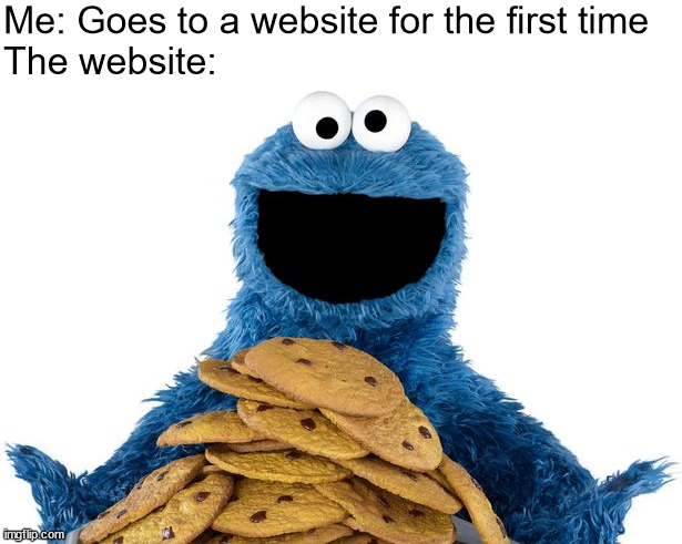 website cookies | Me: Goes to a website for the first time
The website: | image tagged in cookie monster,cookie,cookies,website,websites | made w/ Imgflip meme maker