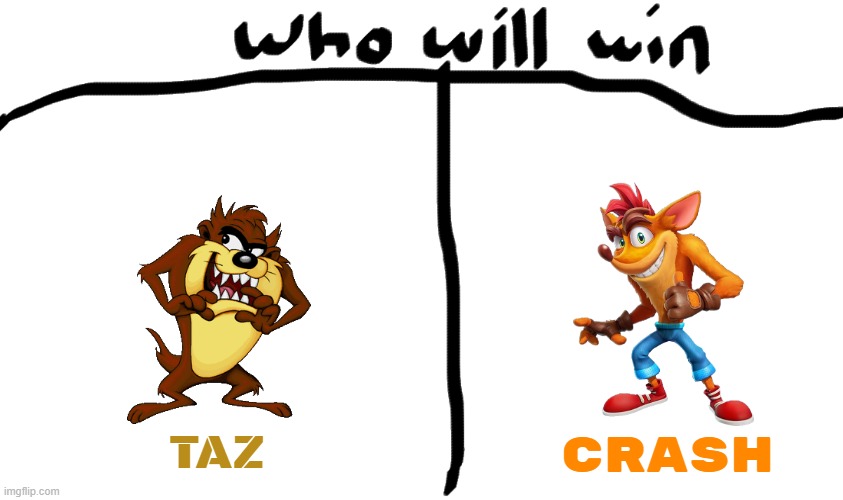taz vs crash | CRASH; TAZ | image tagged in who will win,looney tunes,crash bandicoot | made w/ Imgflip meme maker