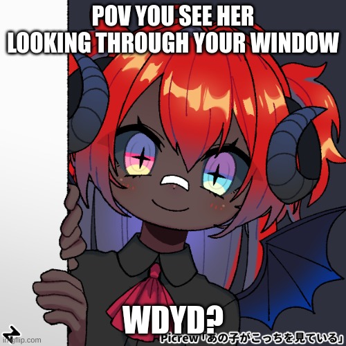wdyd!? | POV YOU SEE HER LOOKING THROUGH YOUR WINDOW; WDYD? | image tagged in wdyd | made w/ Imgflip meme maker