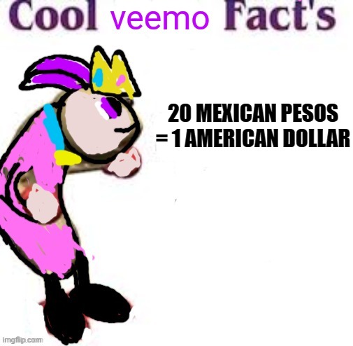 Cool Veemo Facts | 20 MEXICAN PESOS = 1 AMERICAN DOLLAR | image tagged in cool veemo facts,facts,money,memes | made w/ Imgflip meme maker