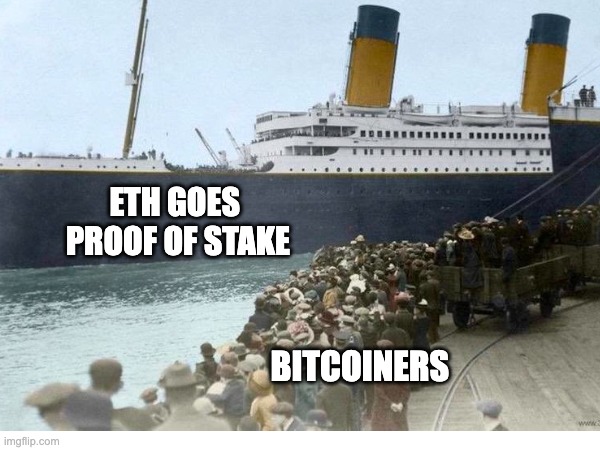 eth sails off | ETH GOES 
PROOF OF STAKE; BITCOINERS | image tagged in memes | made w/ Imgflip meme maker