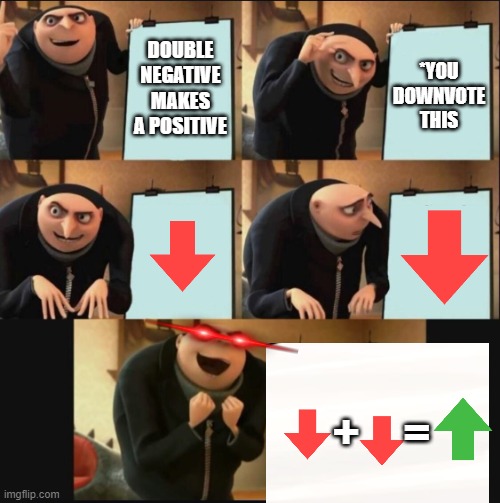 V+V=/\ | DOUBLE NEGATIVE MAKES A POSITIVE; *YOU DOWNVOTE THIS; +     = | image tagged in 5 panel gru meme,upvote,logic | made w/ Imgflip meme maker