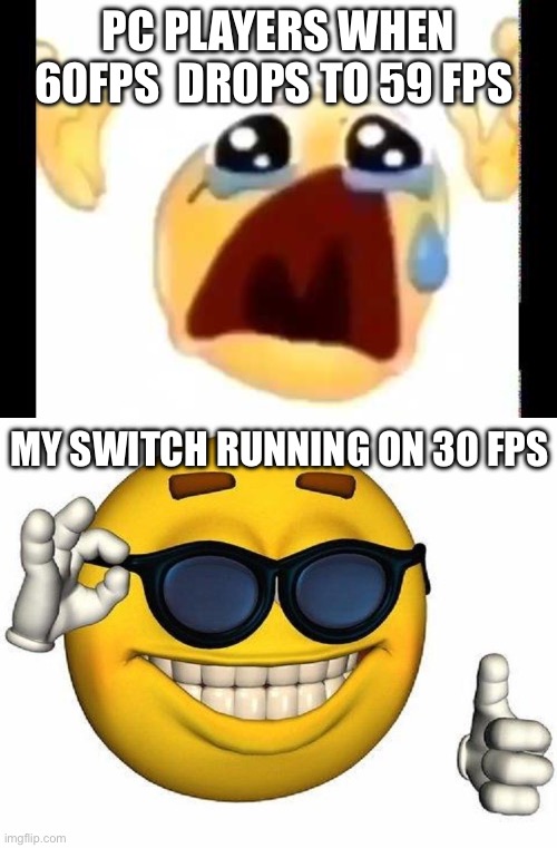 PC PLAYERS WHEN 60FPS  DROPS TO 59 FPS; MY SWITCH RUNNING ON 30 FPS | image tagged in cursed crying emoji,thumbs up emoji | made w/ Imgflip meme maker