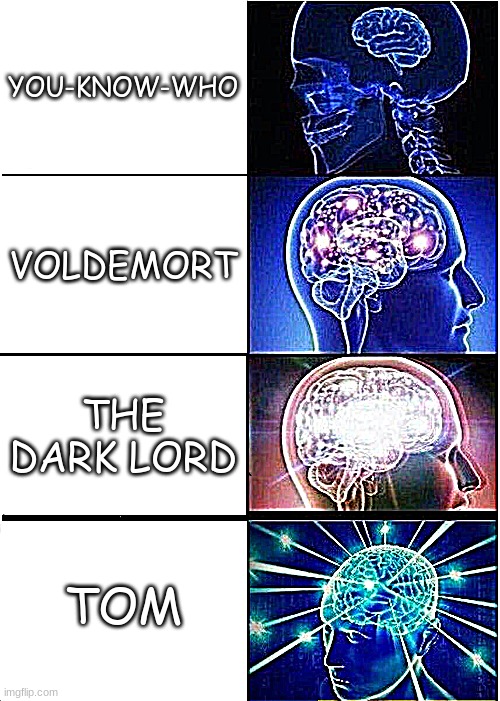 Expanding Brain | YOU-KNOW-WHO; VOLDEMORT; THE DARK LORD; TOM | image tagged in memes,expanding brain | made w/ Imgflip meme maker