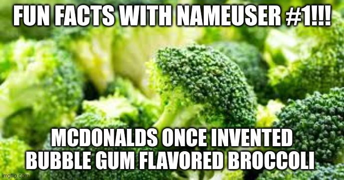 Will post daily fun facts | FUN FACTS WITH NAMEUSER #1!!! MCDONALDS ONCE INVENTED BUBBLE GUM FLAVORED BROCCOLI | image tagged in fun facts with nameuser | made w/ Imgflip meme maker