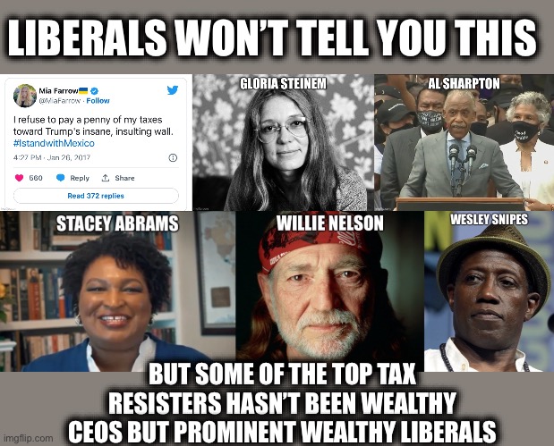 LIBERALS WON’T TELL YOU THIS; BUT SOME OF THE TOP TAX RESISTERS HASN’T BEEN WEALTHY CEOS BUT PROMINENT WEALTHY LIBERALS | image tagged in liberal logic,liberal hypocrisy,taxes,democrats,memes | made w/ Imgflip meme maker