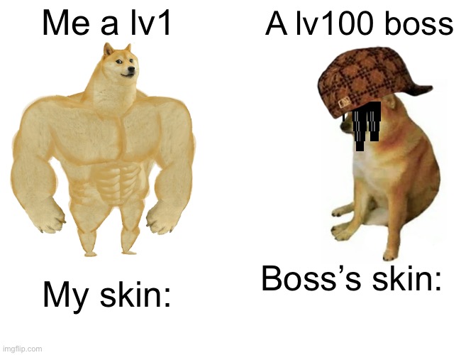 Buff Doge vs. Cheems Meme | Me a lv1; A lv100 boss; Boss’s skin:; My skin: | image tagged in memes,buff doge vs cheems | made w/ Imgflip meme maker