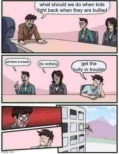 why | what should we do when kids fight back when they are bullied; get them in trouble; do nothing; get the bully in trouble | image tagged in memes,boardroom meeting suggestion | made w/ Imgflip meme maker