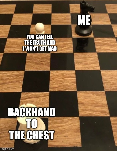 image title | ME; YOU CAN TELL THE TRUTH AND I WON'T GET MAD; BACKHAND TO THE CHEST | image tagged in chess knight pawn rook | made w/ Imgflip meme maker