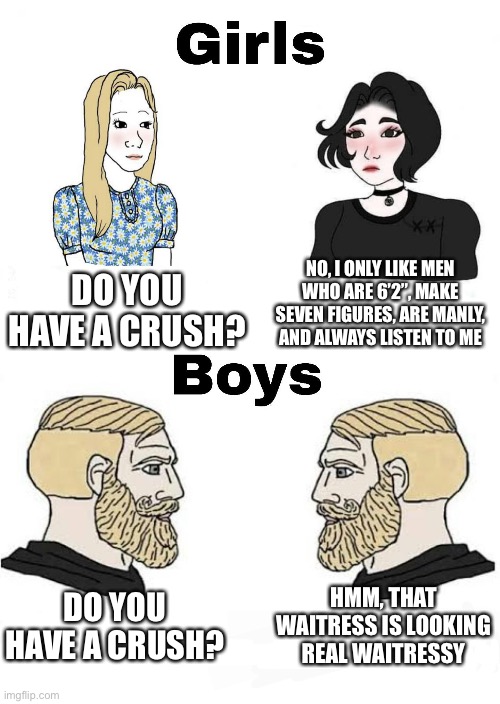 Can confirm this is true | NO, I ONLY LIKE MEN WHO ARE 6’2”, MAKE SEVEN FIGURES, ARE MANLY, AND ALWAYS LISTEN TO ME; DO YOU HAVE A CRUSH? HMM, THAT WAITRESS IS LOOKING REAL WAITRESSY; DO YOU HAVE A CRUSH? | image tagged in girls vs boys | made w/ Imgflip meme maker