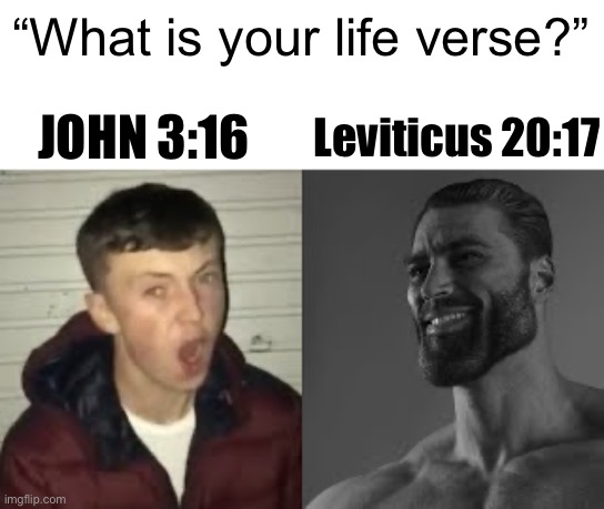 Beta male V/s Giga Chad | “What is your life verse?”; JOHN 3:16; Leviticus 20:17 | image tagged in beta male v/s giga chad | made w/ Imgflip meme maker