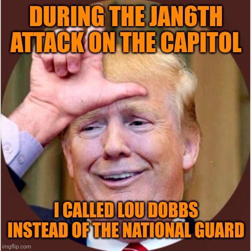Dereliction of duties | DURING THE JAN6TH ATTACK ON THE CAPITOL; I CALLED LOU DOBBS INSTEAD OF THE NATIONAL GUARD | image tagged in trump loser | made w/ Imgflip meme maker