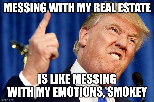 Donald Trump | MESSING WITH MY REAL ESTATE IS LIKE MESSING WITH MY EMOTIONS, SMOKEY | image tagged in donald trump | made w/ Imgflip meme maker
