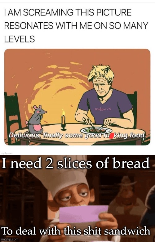 Shit sandwich meme | I need 2 slices of bread; To deal with this shit sandwich | image tagged in chef skinner reading a letter,shitpost,shit,sandwich,disgusted gordon ramsay | made w/ Imgflip meme maker