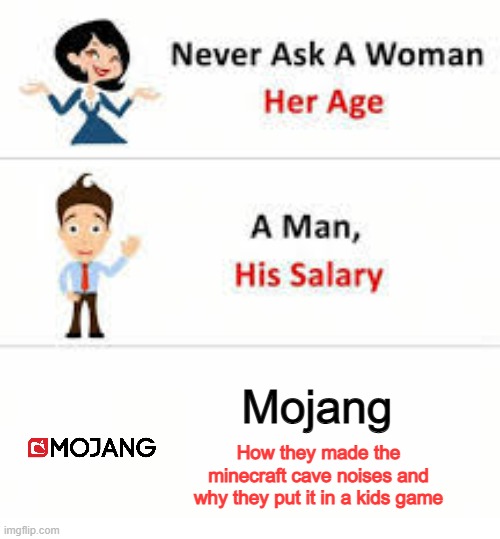 why mojang | Mojang; How they made the minecraft cave noises and why they put it in a kids game | image tagged in never ask a woman her age | made w/ Imgflip meme maker