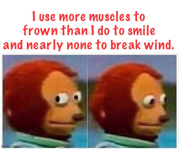 Monkey puppet muscles | I use more muscles to frown than I do to smile and nearly none to break wind. | image tagged in memes,monkey puppet,muscles,smile or frown,break wind | made w/ Imgflip meme maker
