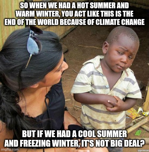 black kid | SO WHEN WE HAD A HOT SUMMER AND WARM WINTER, YOU ACT LIKE THIS IS THE END OF THE WORLD BECAUSE OF CLIMATE CHANGE; BUT IF WE HAD A COOL SUMMER AND FREEZING WINTER, IT'S NOT BIG DEAL? | image tagged in black kid,memes,climate change | made w/ Imgflip meme maker