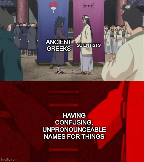 Such as pneumonoultramicroscopicsilicovolcanoconiosis, a lung disease | SCIENTISTS; ANCIENT GREEKS; HAVING CONFUSING, UNPRONOUNCEABLE NAMES FOR THINGS | image tagged in naruto handshake meme template | made w/ Imgflip meme maker