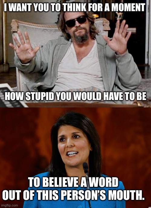 I WANT YOU TO THINK FOR A MOMENT; HOW STUPID YOU WOULD HAVE TO BE; TO BELIEVE A WORD OUT OF THIS PERSON’S MOUTH. | image tagged in i got this,nikki haley | made w/ Imgflip meme maker