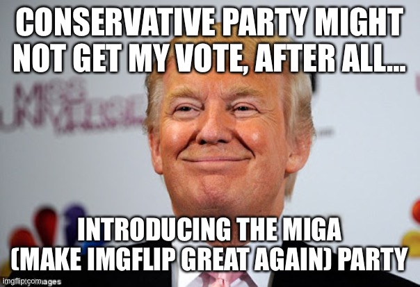 Eh, why not? | CONSERVATIVE PARTY MIGHT NOT GET MY VOTE, AFTER ALL…; INTRODUCING THE MIGA (MAKE IMGFLIP GREAT AGAIN) PARTY | image tagged in donald trump approves,maga,imgflip | made w/ Imgflip meme maker