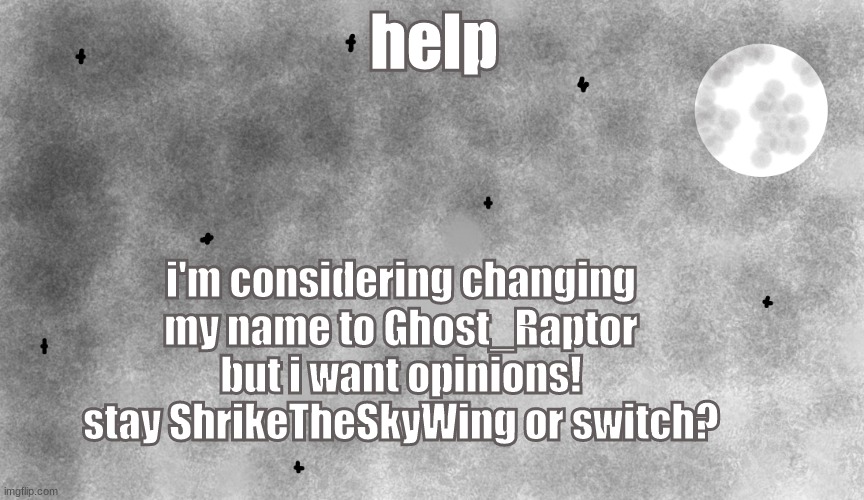 help; i'm considering changing my name to Ghost_Raptor but i want opinions! stay ShrikeTheSkyWing or switch? | made w/ Imgflip meme maker