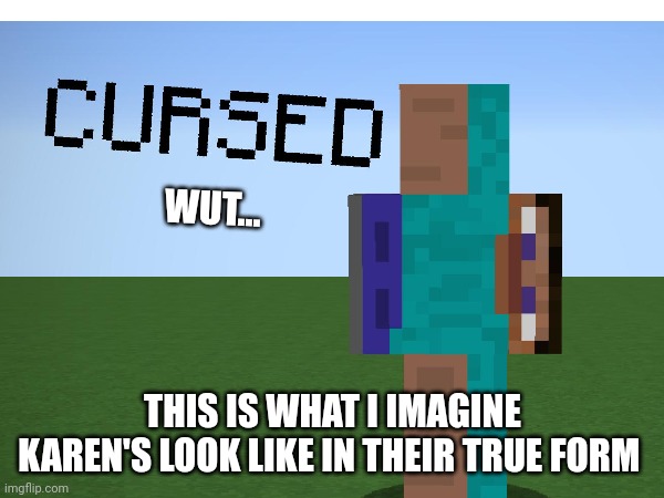 Cursed Minecraft Steve Is a Karen's true form | WUT... THIS IS WHAT I IMAGINE KAREN'S LOOK LIKE IN THEIR TRUE FORM | image tagged in cursed image | made w/ Imgflip meme maker