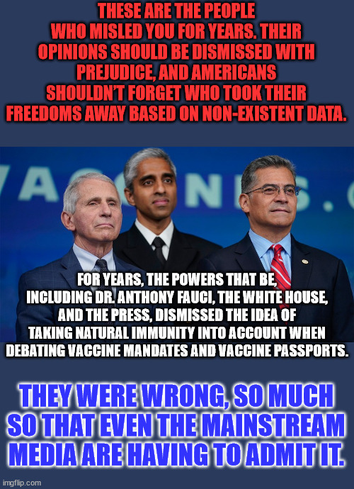 New landmark study published in The Lancet proves natural immunity better than Covid vaccine... | THESE ARE THE PEOPLE WHO MISLED YOU FOR YEARS. THEIR OPINIONS SHOULD BE DISMISSED WITH PREJUDICE, AND AMERICANS SHOULDN’T FORGET WHO TOOK THEIR FREEDOMS AWAY BASED ON NON-EXISTENT DATA. FOR YEARS, THE POWERS THAT BE, INCLUDING DR. ANTHONY FAUCI, THE WHITE HOUSE, AND THE PRESS, DISMISSED THE IDEA OF TAKING NATURAL IMMUNITY INTO ACCOUNT WHEN DEBATING VACCINE MANDATES AND VACCINE PASSPORTS. THEY WERE WRONG, SO MUCH SO THAT EVEN THE MAINSTREAM MEDIA ARE HAVING TO ADMIT IT. | image tagged in big pharma,greed,mainstream media,liars | made w/ Imgflip meme maker