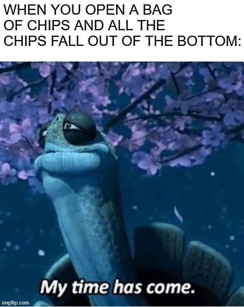 tru tho | WHEN YOU OPEN A BAG OF CHIPS AND ALL THE CHIPS FALL OUT OF THE BOTTOM: | image tagged in my time has come,memes,funny | made w/ Imgflip meme maker