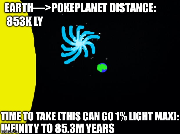 There is a special surprise for mewvee in the tags :) | EARTH—>POKEPLANET DISTANCE:; 853K LY; TIME TO TAKE (THIS CAN GO 1% LIGHT MAX):; INFINITY TO 85.3M YEARS | made w/ Imgflip meme maker
