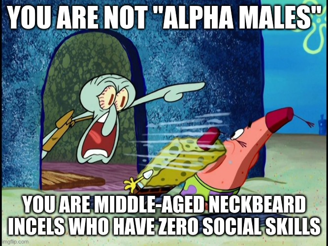 Squidward Screaming | YOU ARE NOT "ALPHA MALES"; YOU ARE MIDDLE-AGED NECKBEARD INCELS WHO HAVE ZERO SOCIAL SKILLS | image tagged in squidward screaming | made w/ Imgflip meme maker