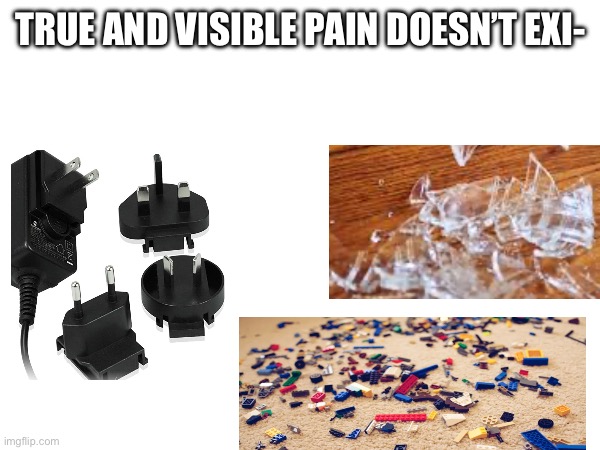 Imagine stepping on all of these at once | TRUE AND VISIBLE PAIN DOESN’T EXI- | image tagged in true pain,visible pain,lego,broken glass,power plug,oh wow are you actually reading these tags | made w/ Imgflip meme maker